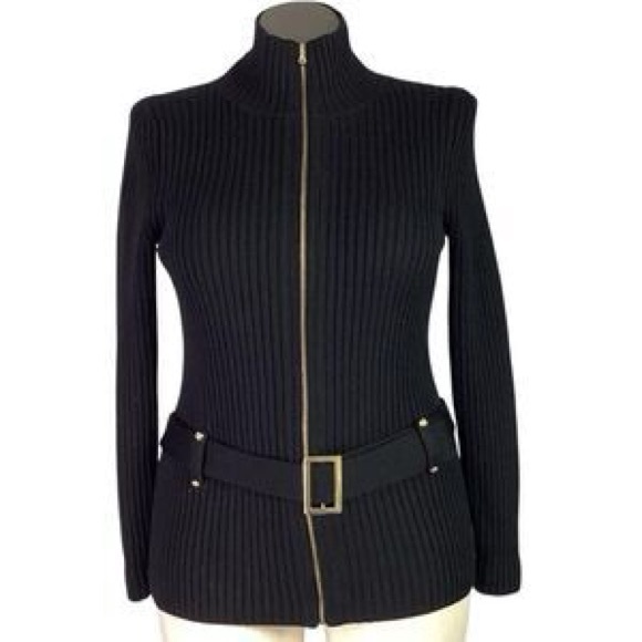 Talbots Ribbed Belted Black Full Zip Sweater coat cardigan mock neck Pure wool - Picture 1 of 9